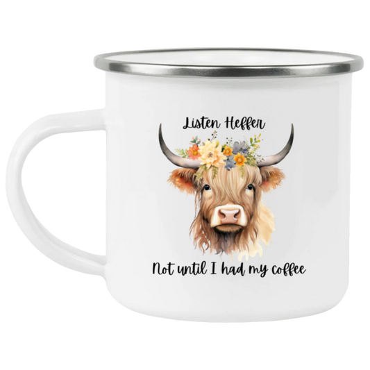 One Sided Enamel Camping Mug | Highland Cow |  Listen Heffer