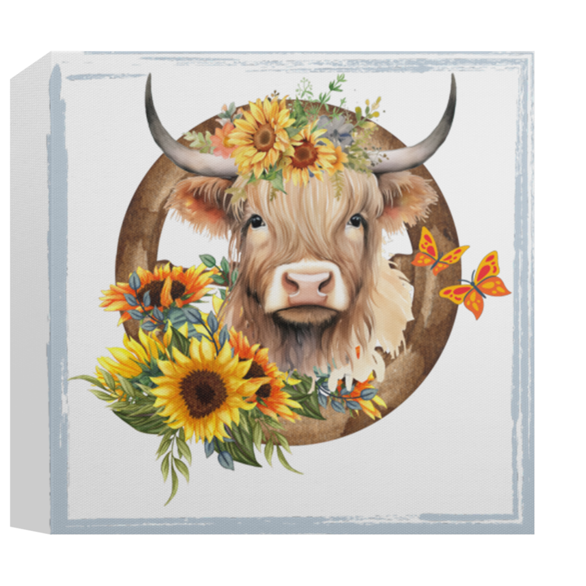 Deluxe Square Canvas 1.5in Frame | Highland Cow with Sunflowers | Wall Decor