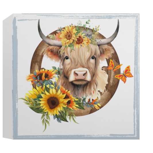 Deluxe Square Canvas 1.5in Frame | Highland Cow with Sunflowers | Wall Decor