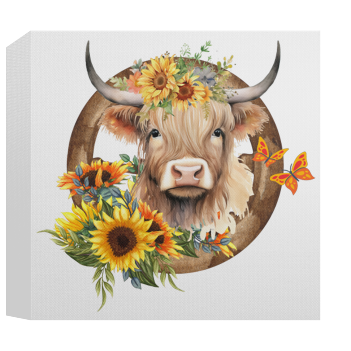 Deluxe Square Canvas 1.5in Frame | Highland Cow with Sunflowers | Wall Decor