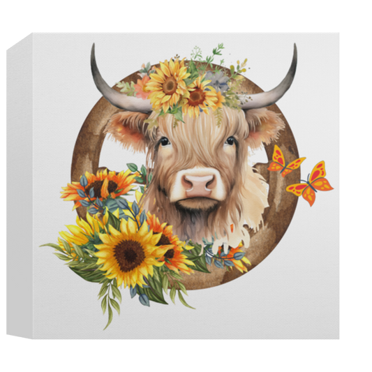 Deluxe Square Canvas 1.5in Frame | Highland Cow with Sunflowers | Wall Decor