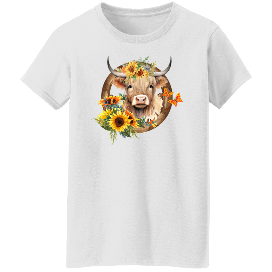 Ladies' 5.3 oz. T-Shirt | Highland Cow with Sunflowers