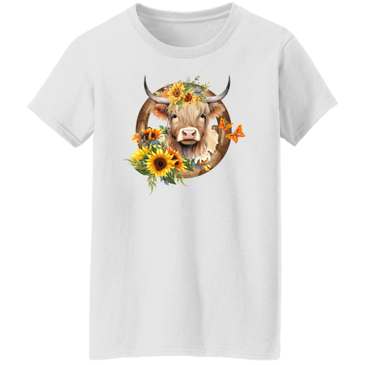 Ladies' 5.3 oz. T-Shirt | Highland Cow with Sunflowers