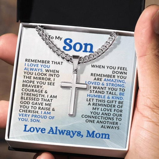 Cuban Chain with Artisan Cross Necklace | I Am Proud of You Son | Gift from Mom to Son