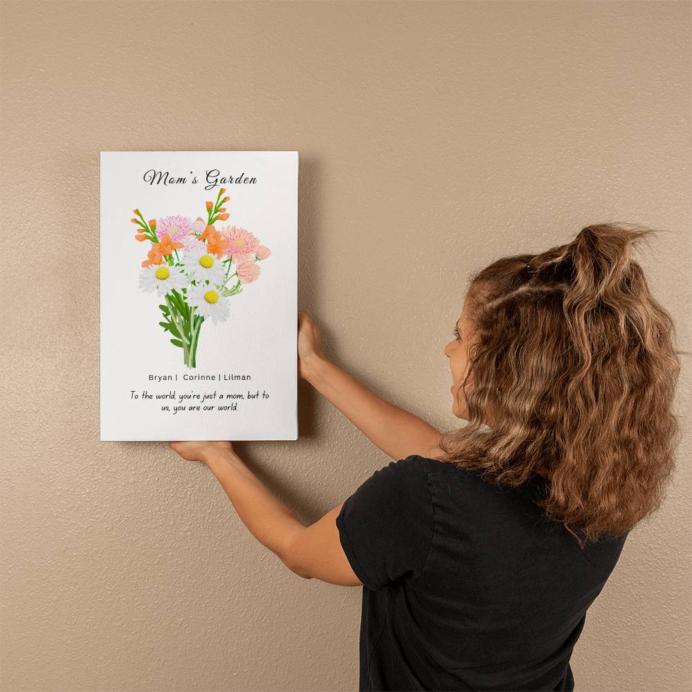 Mom's Flower Garden Bouquet | Beautiful Wrapped Canvas | Displays Children's name and their birth flower