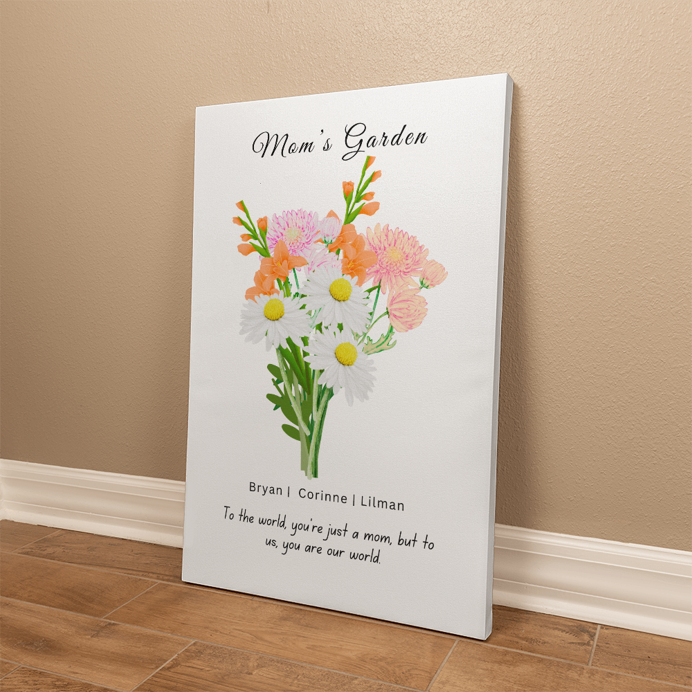 Mom's Flower Garden Bouquet | Beautiful Wrapped Canvas | Displays Children's name and their birth flower