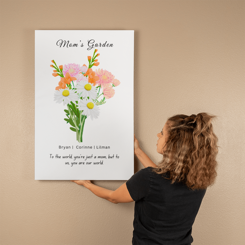 Mom's Flower Garden Bouquet | Beautiful Wrapped Canvas | Displays Children's name and their birth flower