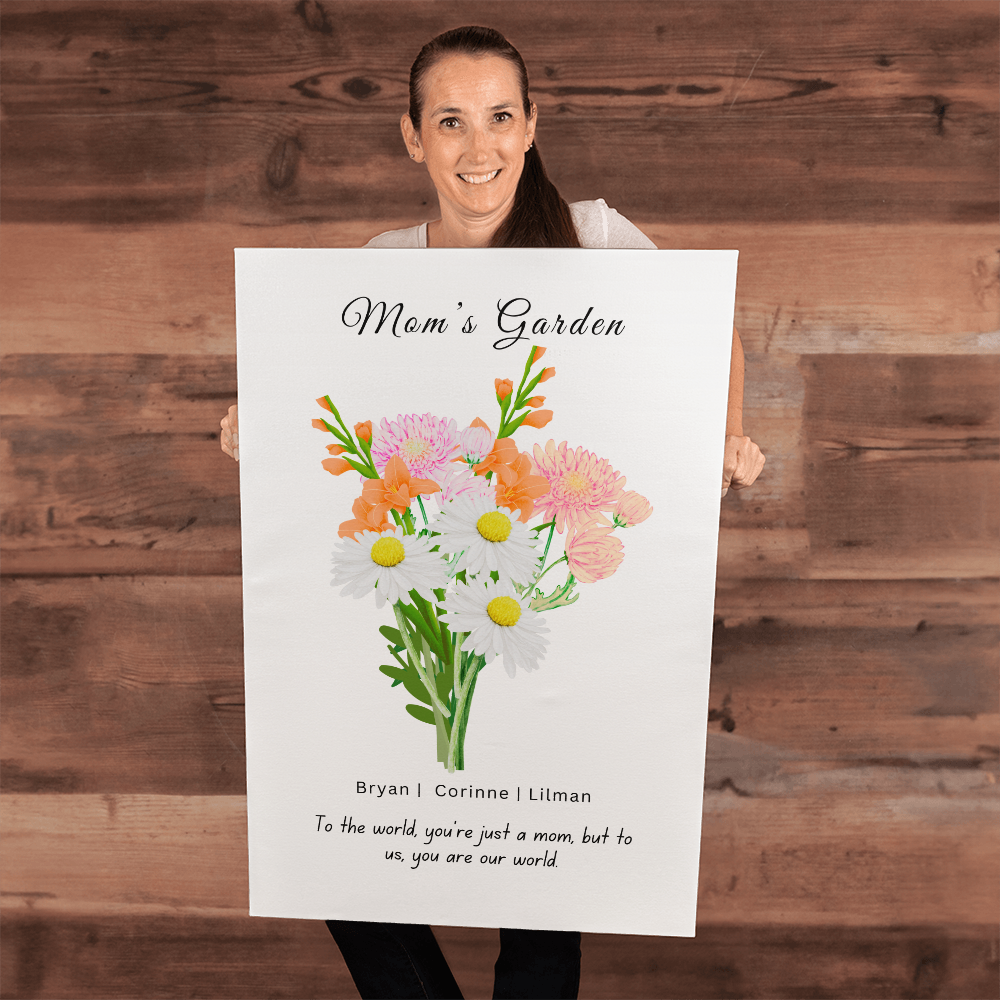 Mom's Flower Garden Bouquet | Beautiful Wrapped Canvas | Displays Children's name and their birth flower